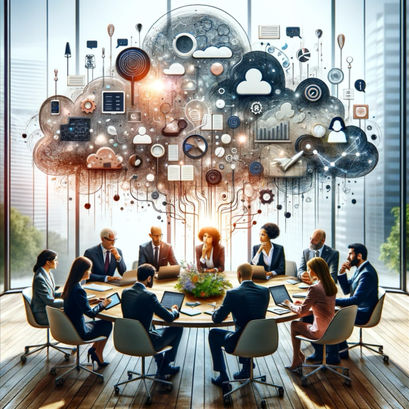 A diverse group of executives sitting around a boardroom table with one wondering how to communicate.